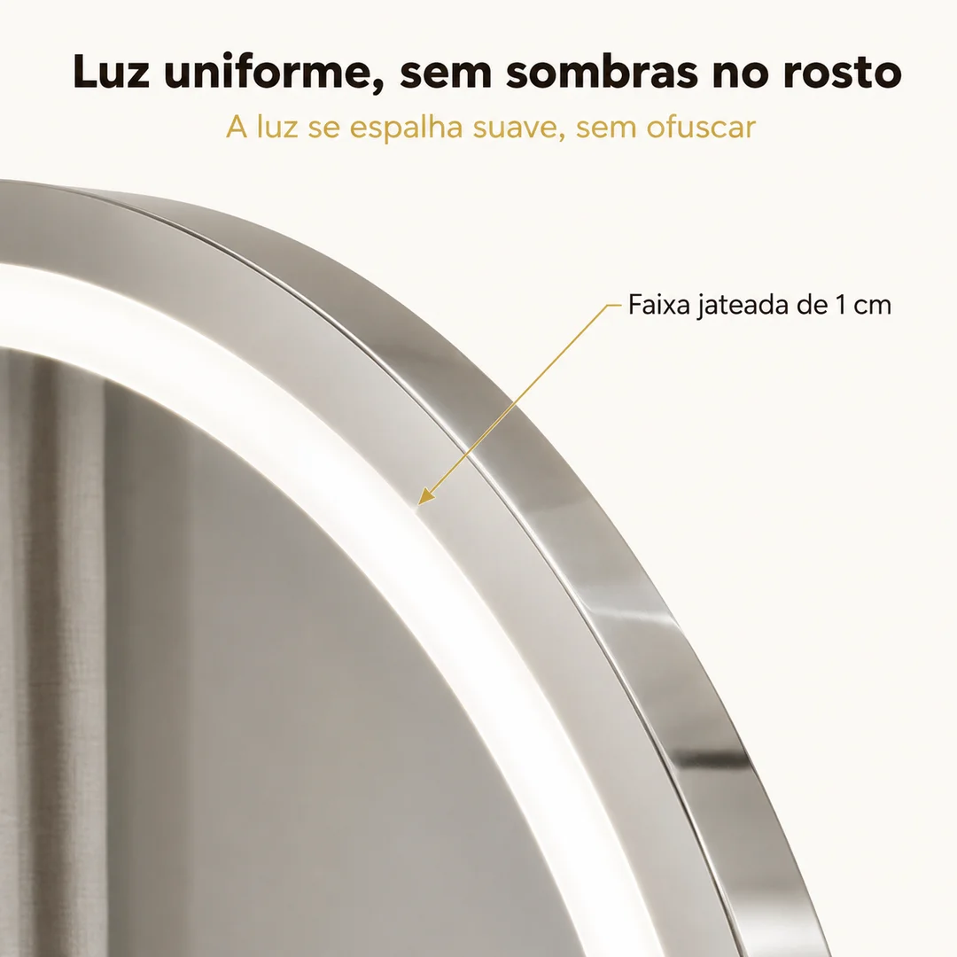 Faixa jateada de 1 cm: luz uniforme, sem sombras no rosto