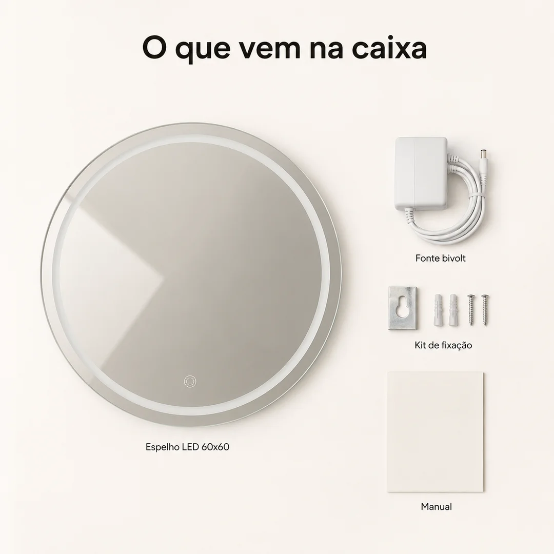 O que vem na caixa: espelho LED 60x60, fonte bivolt, kit de fixação e manual